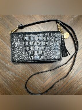 Brahmin Black Croc Embossed Leather Crossbody Wallet Clutch Tassel